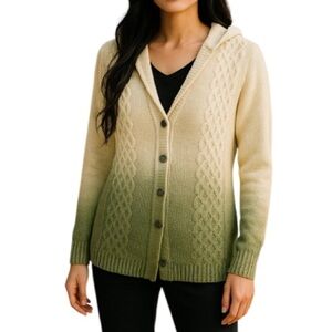 Firefly Wool Blend Cable-Knit Hooded  Cardigan Sweater Cream Olive Green Ombre M
